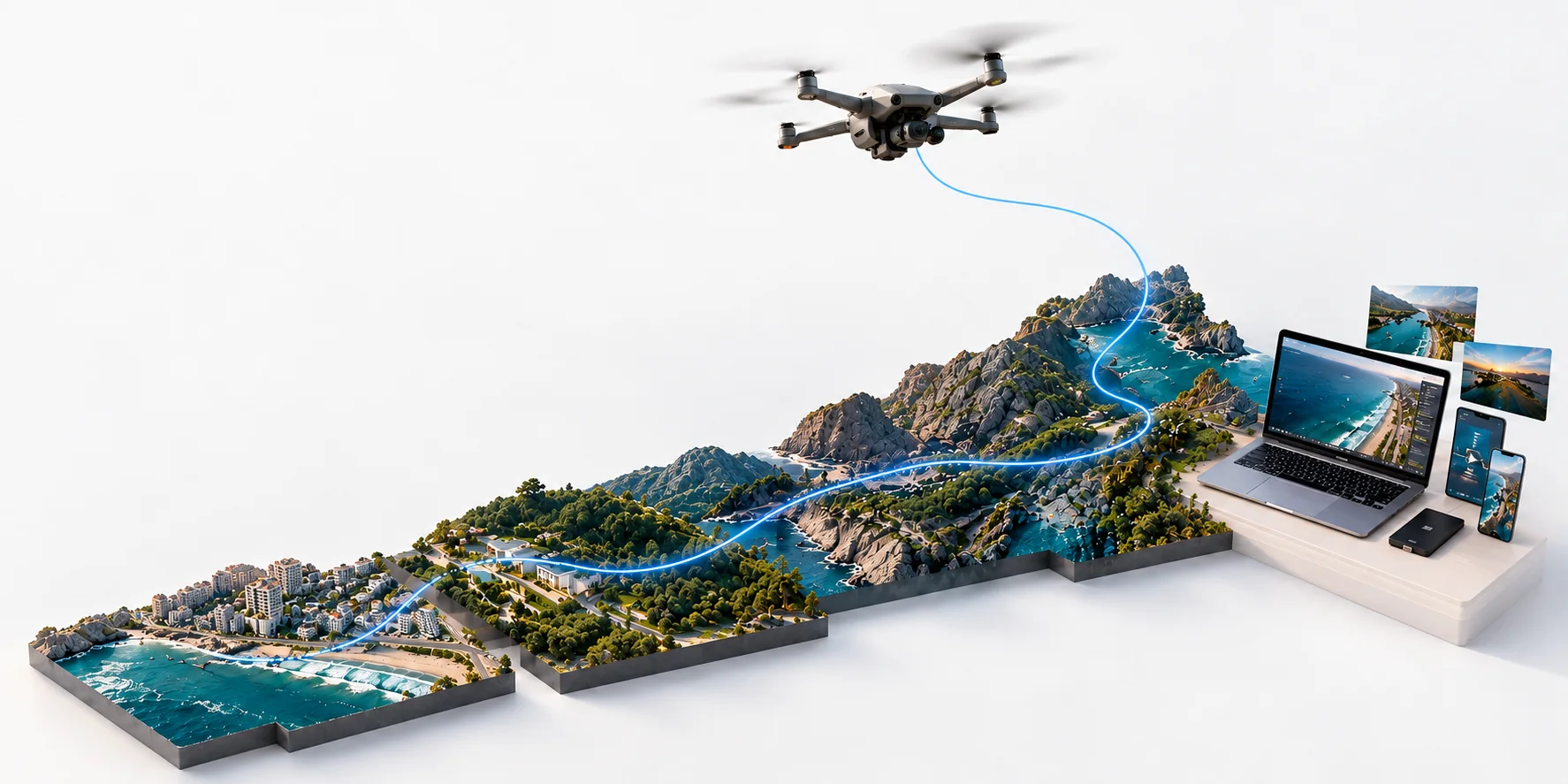 Vuelo de dron sobre un paisaje costero que culmina en imágenes aéreas en un computador y dispositivos móviles