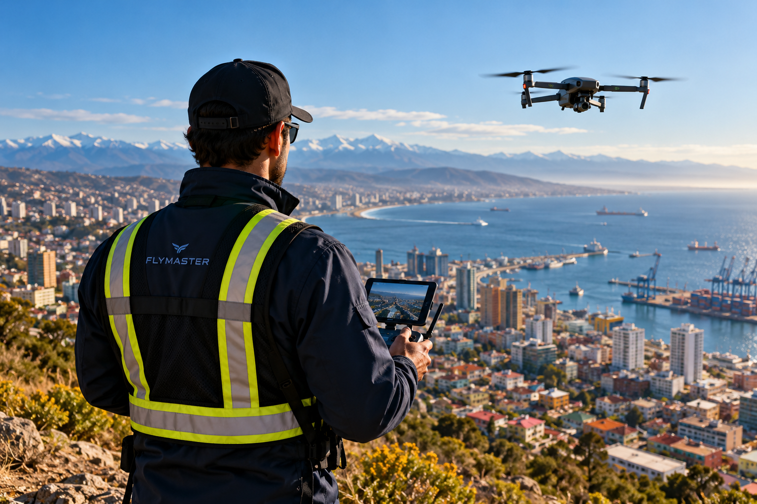 Ilustración de un piloto operando un dron sobre una ciudad costera