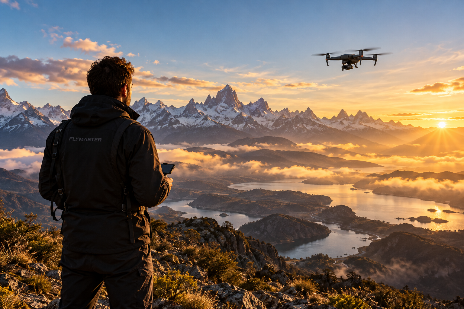 Ilustración de un operador de drones frente a las montañas al amanecer