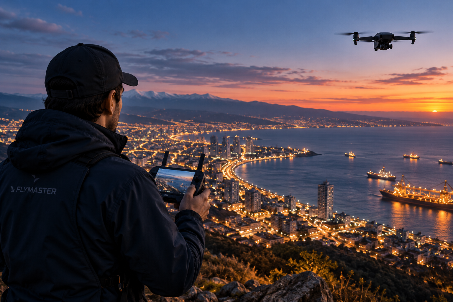 Ilustración de una operación con drones sobre una ciudad al atardecer
