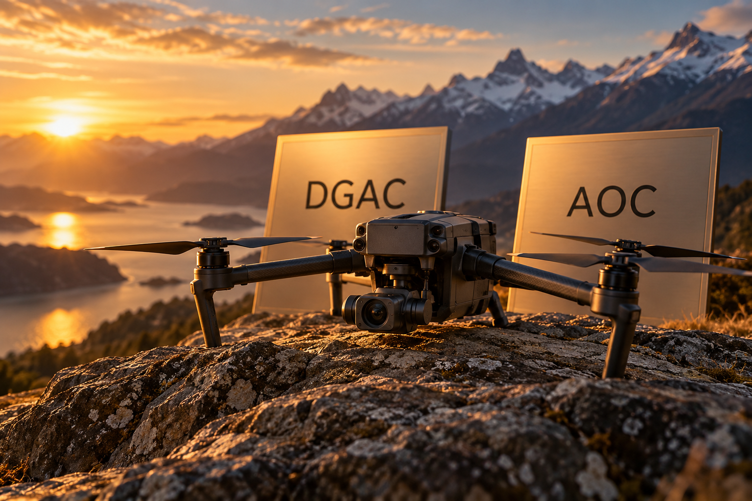 Ilustración de un dron y placas simbólicas de acreditación aeronáutica